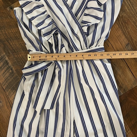 Blue and White Striped Jumpsuit with Ruffled Shoulders and Tie Waist - Picture 13 of 13
